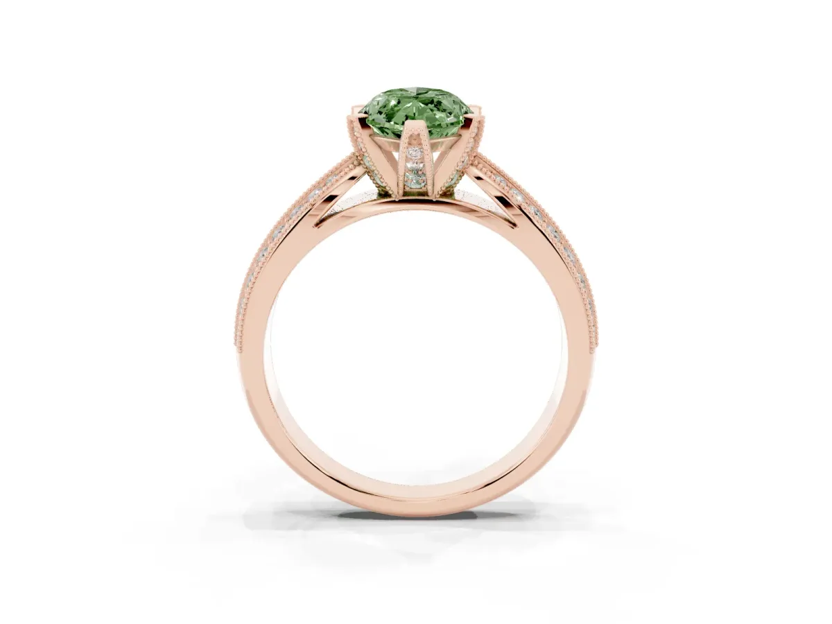 Fancy Green Marquise Cut Diamond Solitaire Ring with Milgrain Round Pavé Band and Prong Setting Rose gold