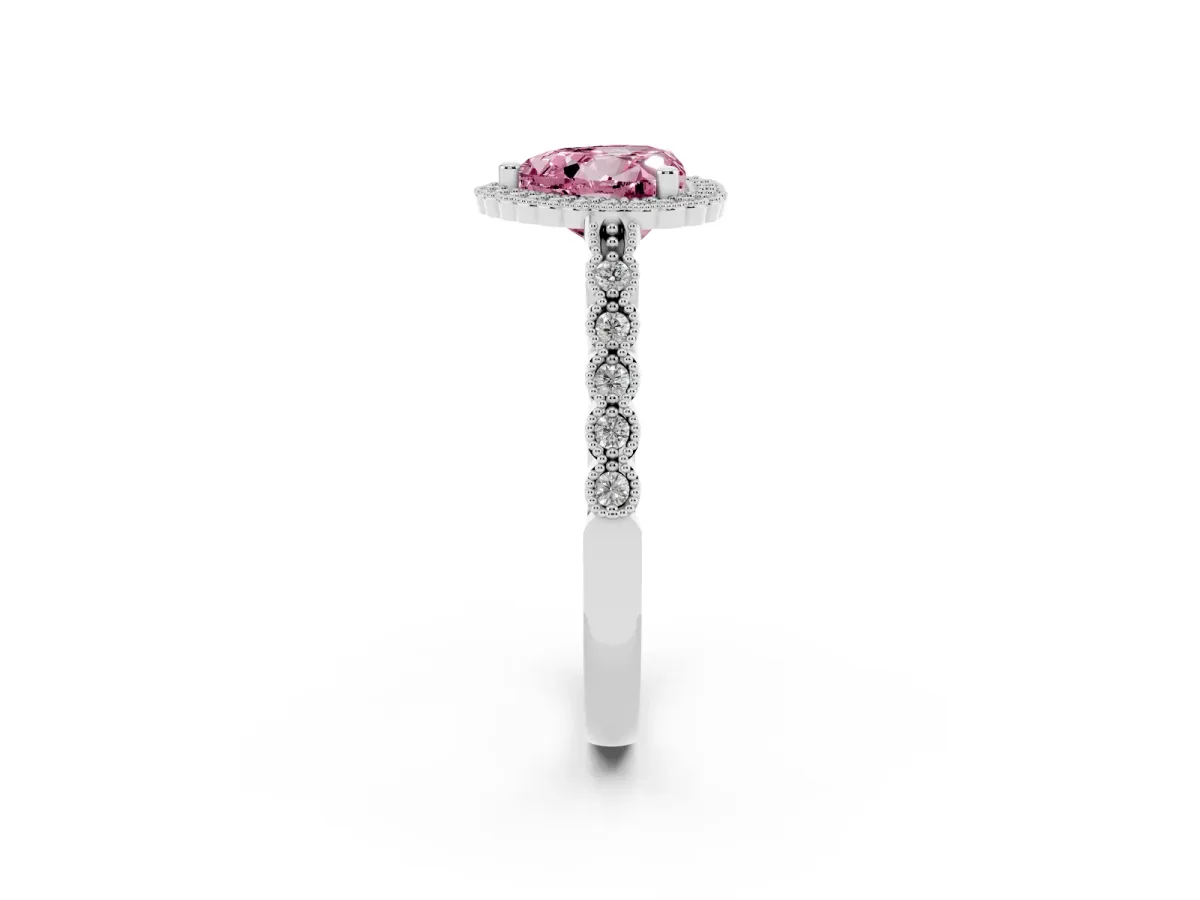 Fancy Pink Heart Cut Cut Halo Pavé Solitaire Ring with Milgrain Band Platinum