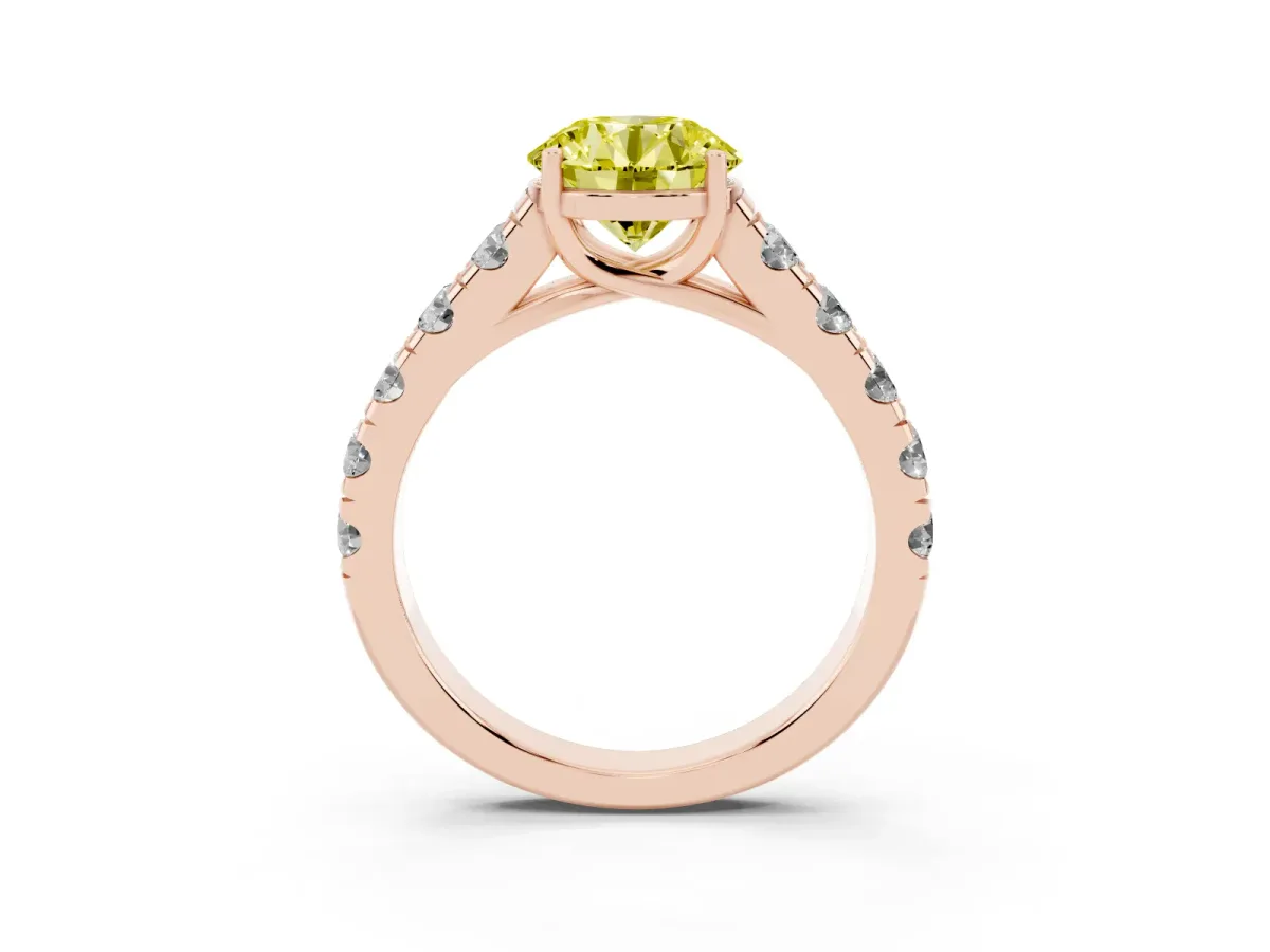 Fancy Yellow Round Cut Cut Diamond Solitaire Ring with Micro Pave Band and Prong Setting Rose gold