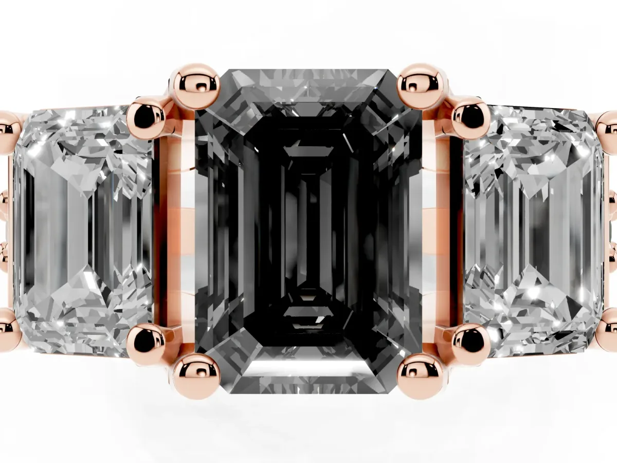 Fancy Black Emerald Cut Diamond Three-Stone Ring with Channel Set Band and Four-Prong Setting Rose gold