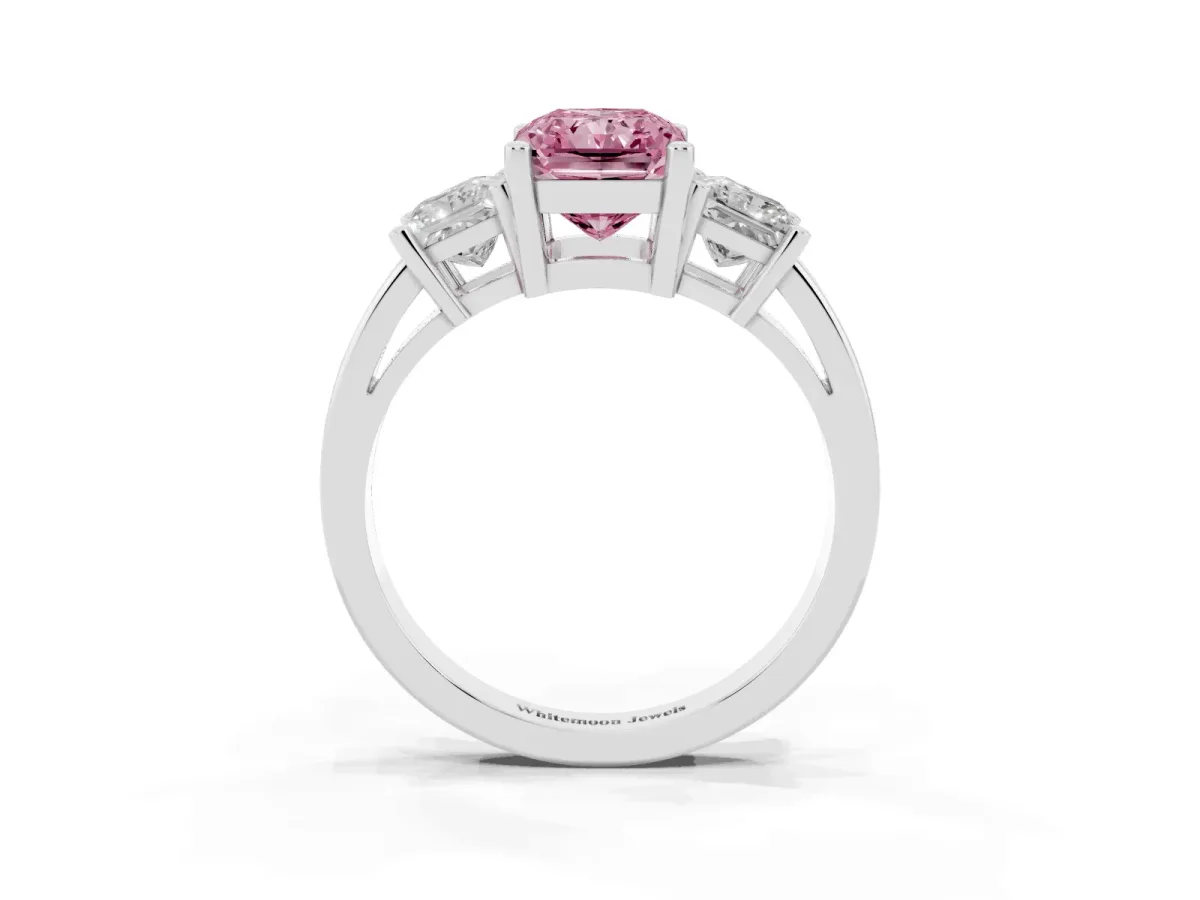 Fancy Pink Three-Stone Radiant Cut Cut Solitaire Ring with Prong Setting Platinum