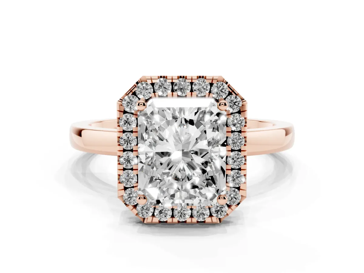 Radiant Cut Halo Diamond Solitaire with Pavé Band and Four-Prong Setting Rose gold