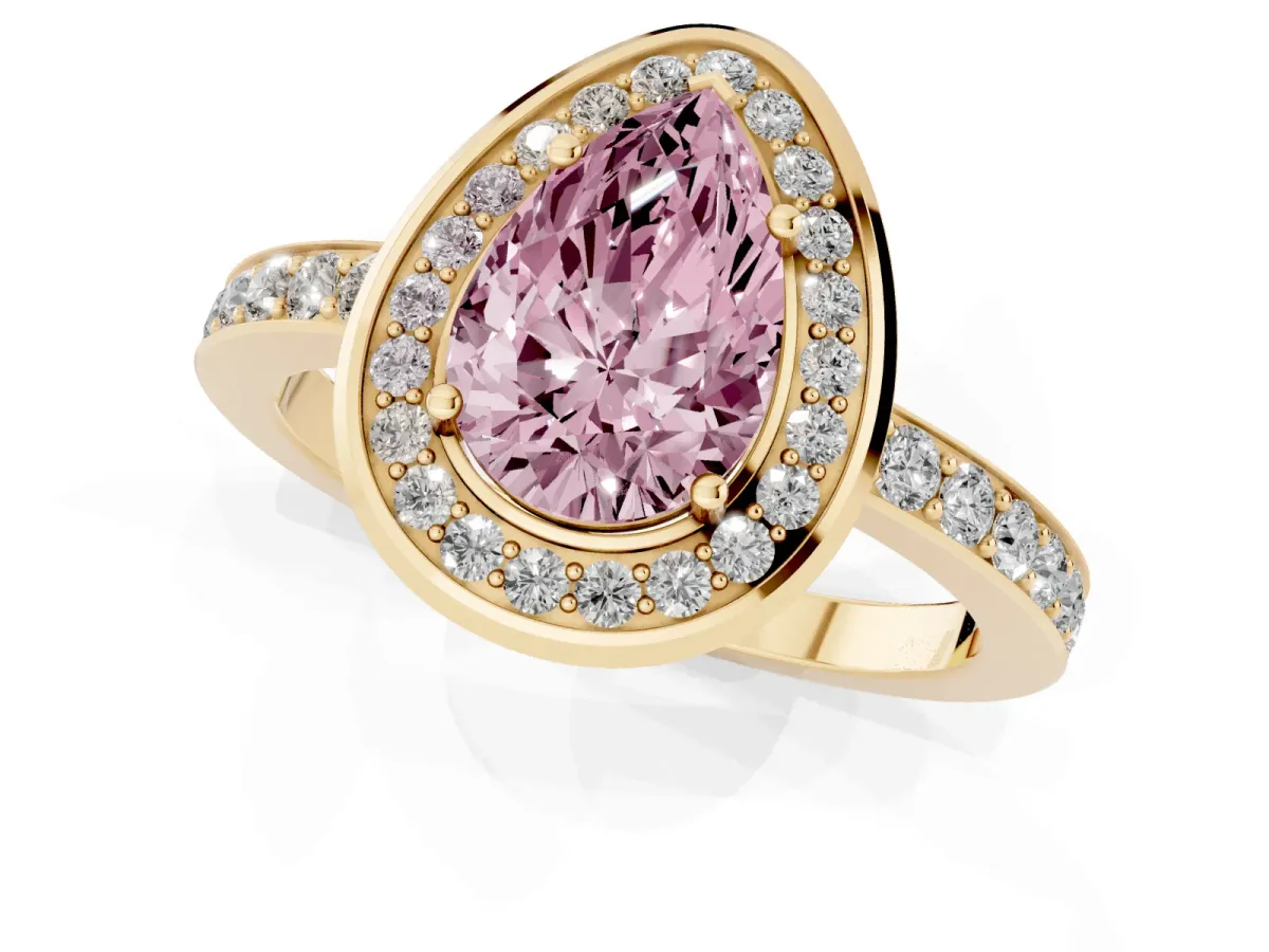 Fancy Pink Pear Cut Diamond Halo Ring with Bezel Frame and Pavé Band Yellow gold