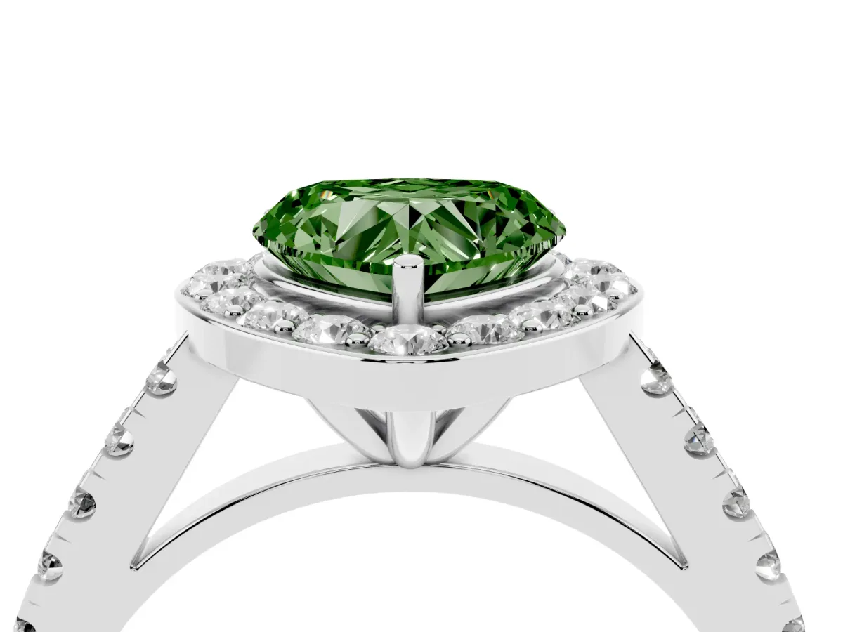 Fancy Green Heart Cut Diamond Halo Ring with Round Pavé Split Shank and Prong Setting White gold