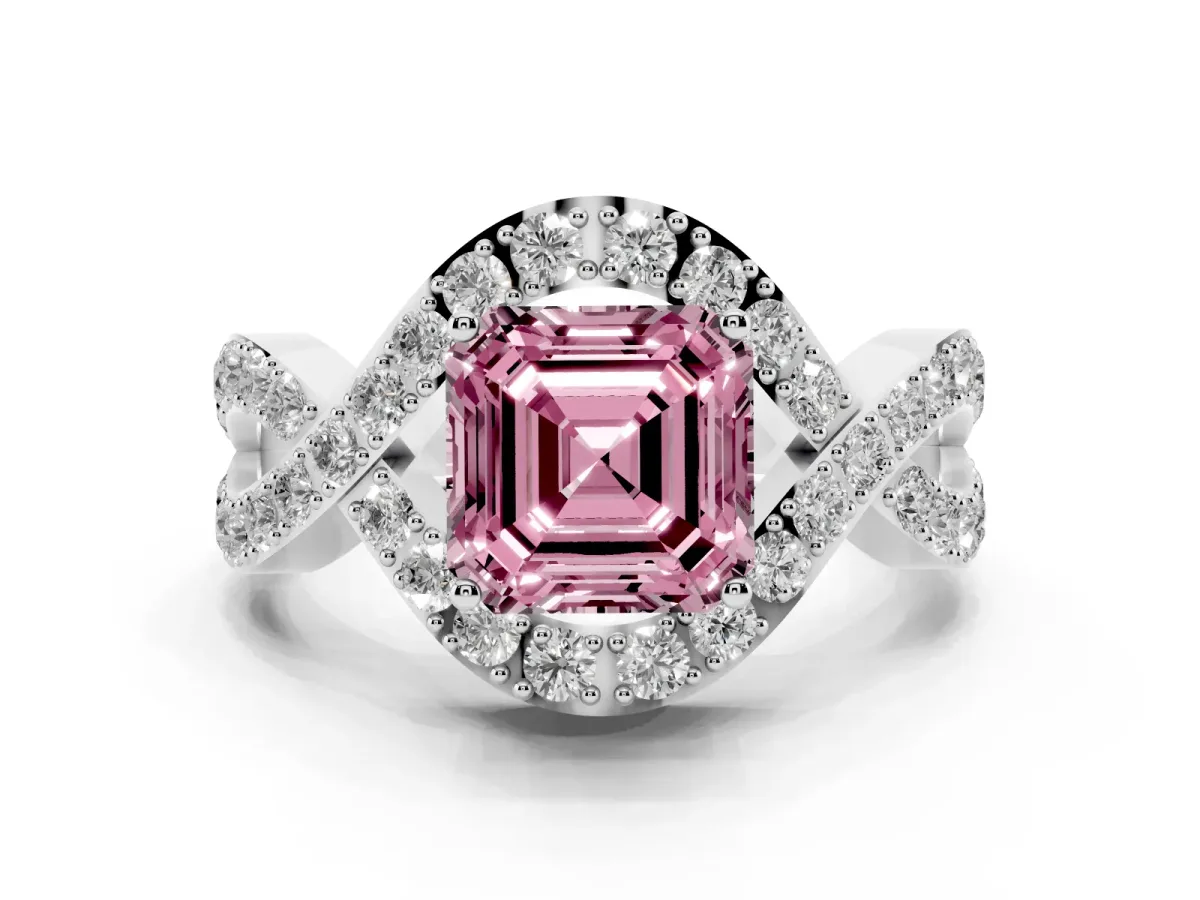 Fancy Pink Asscher Cut Solitaire Twist Band Pavé Diamond Engagement Ring Platinum
