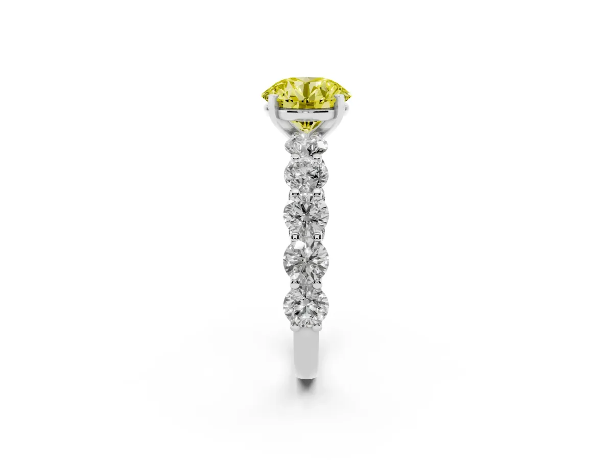 Fancy Yellow Round Cut Diamond Prong Setting with Side Stones on a Pave Band Platinum