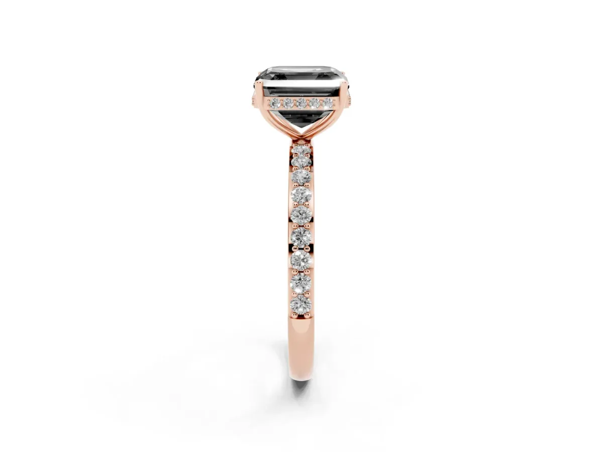 Fancy Black Asscher Cut Diamond Solitaire Ring with Pavé Band and Hidden Halo Rose gold