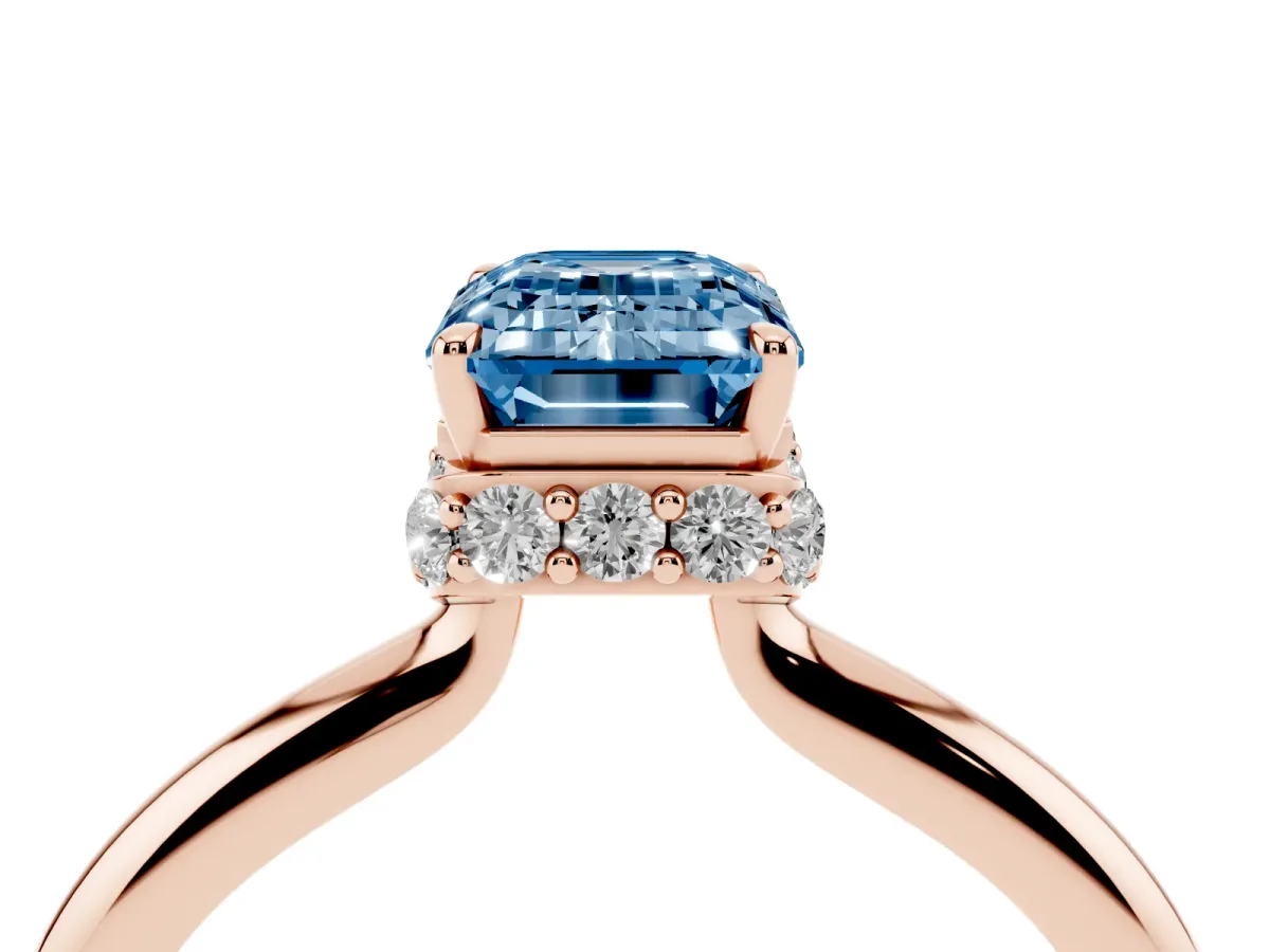 Fancy Blue Emerald Cut Brilliant Solitaire Engagement Ring with Six-Prong Setting and Classic Band Rose gold