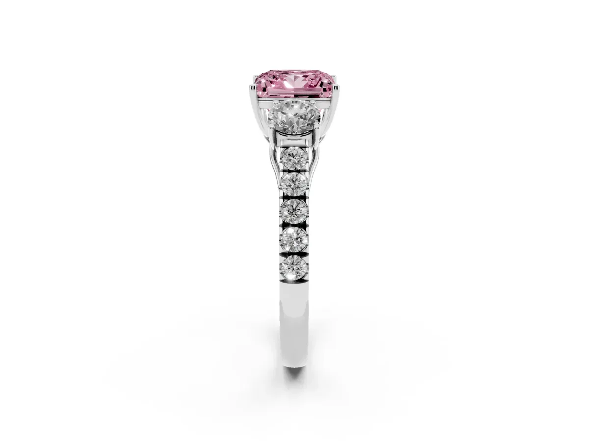 Fancy Pink Princess Cut Cut Diamond Three-Stone Ring with Round Side Stones and Pavé Band Silver