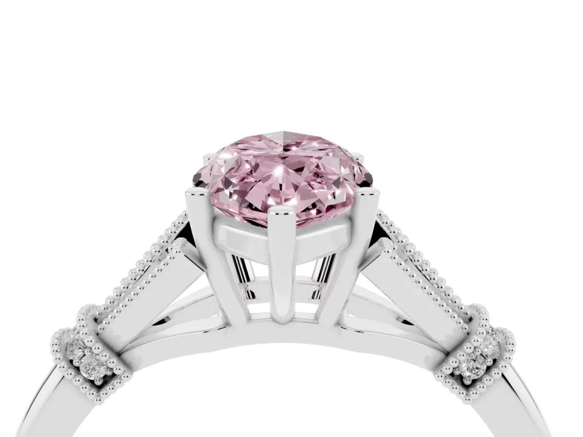 Fancy Pink Marquise Cut Diamond Solitaire Ring with Floral Filigree and Pave Accents Platinum