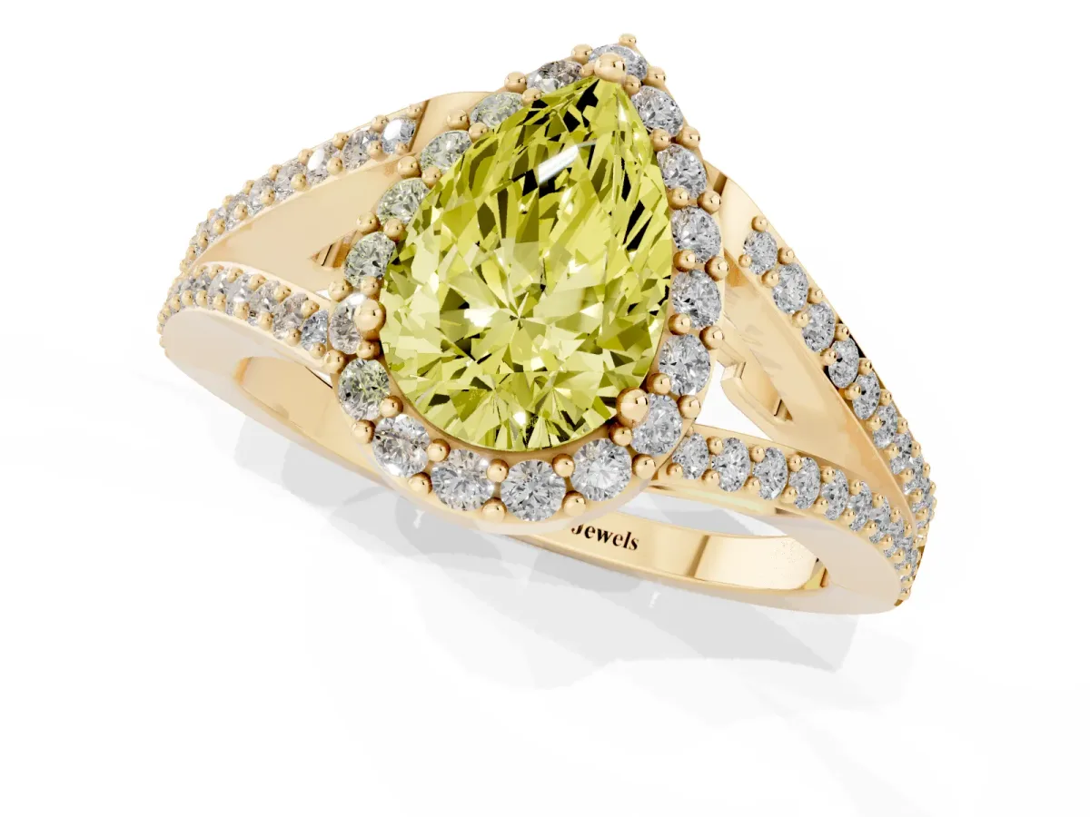 Fancy Yellow Pear Cut Halo Split Shank Pave Diamond Ring with Four-Prong Setting Yellow gold