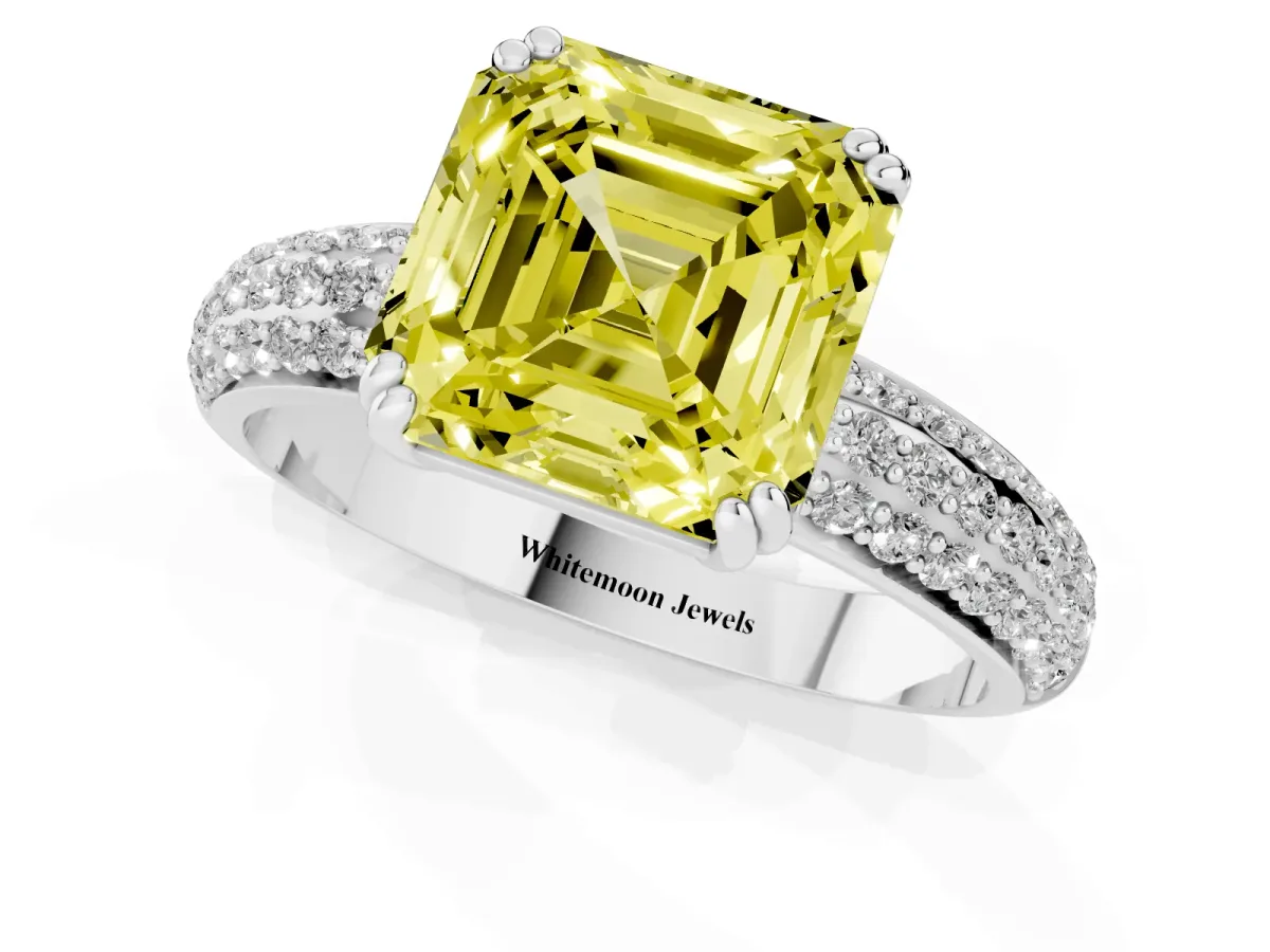 Fancy Yellow Asscher Cut Diamond Solitaire Ring with Multi-Row Round Pavé Band and Prong Setting Silver