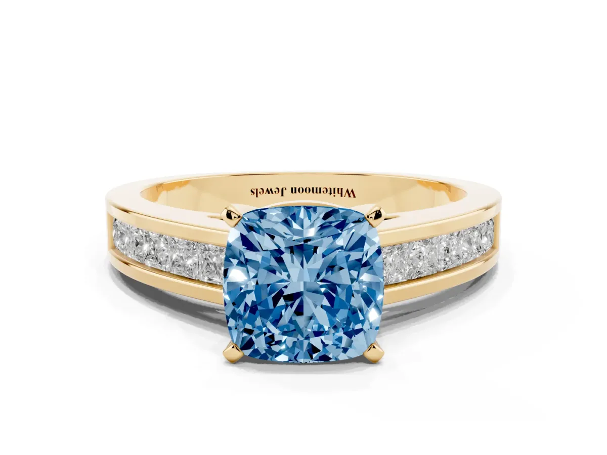 Fancy Blue Cushion Cut Solitaire Diamond Ring with Channel-Set Band and Four-Prong Setting Yellow gold