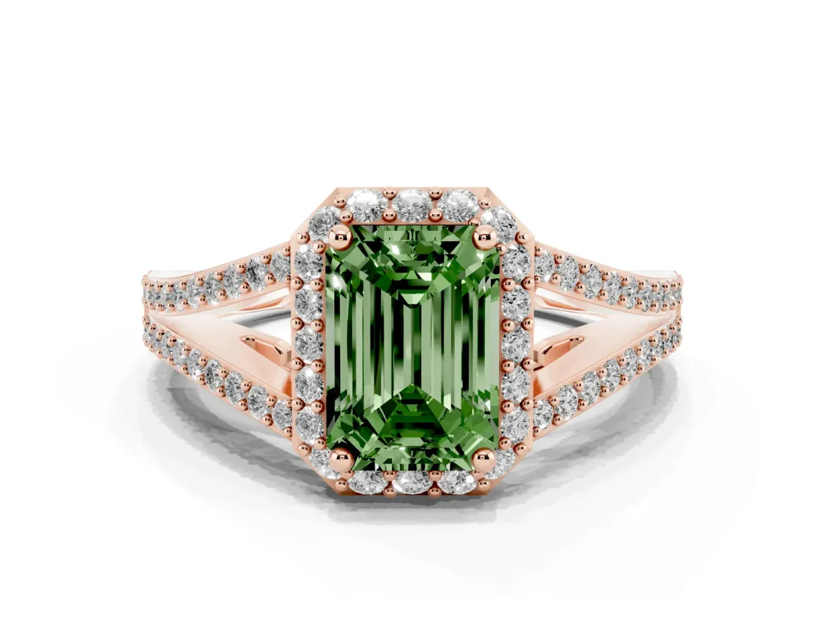 Fancy Green Emerald Cut Halo Split Shank Diamond Ring with Prong Setting Rose gold