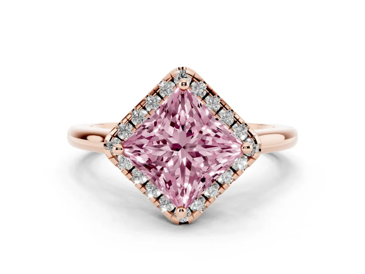 Fancy Pink Princess Cut Halo Round Diamond Solitaire Engagement Ring with Pave Band and Four-Prong Setting Rose gold