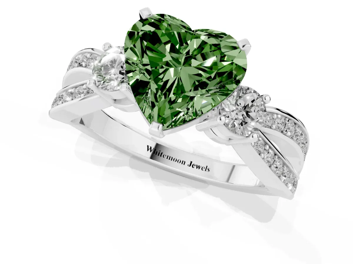 Fancy Green Three-Stone Heart Cut Cut Diamond Twist Band with Prong Setting Silver