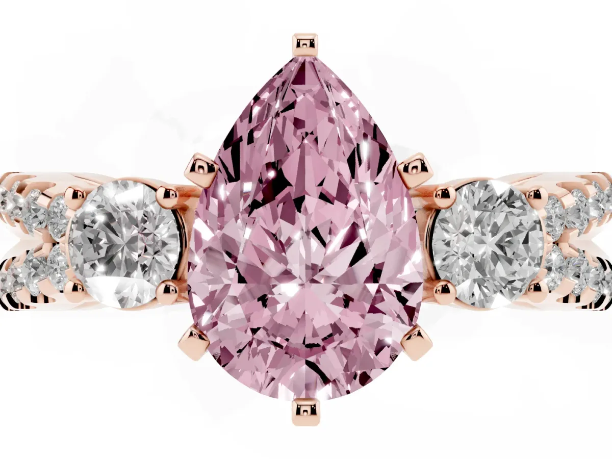 Fancy Pink Pear Cut Diamond Three-Stone Ring with Pavé Split Shank and Four-Prong Setting Rose gold
