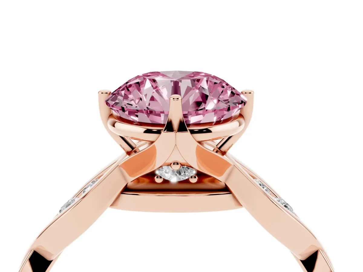 Fancy Pink Round Cut Solitaire Twist Band with Leaf Prong Setting Rose gold