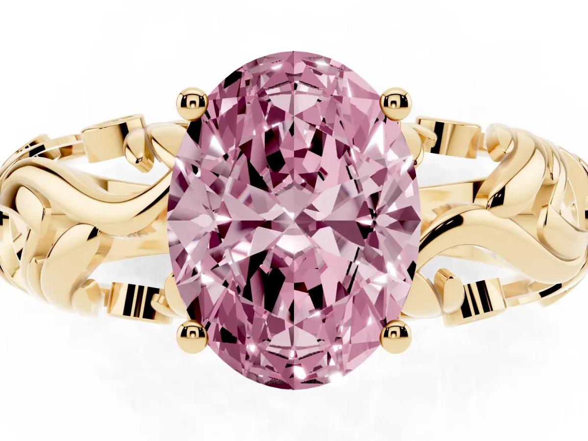 Fancy Pink Oval Cut Solitaire Diamond Leaf-Inspired Vine Band Ring with Prong Setting Yellow gold