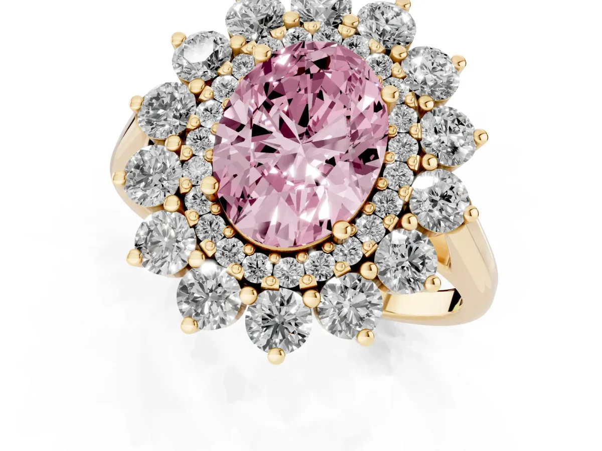 Fancy Pink Oval Cut Diamond Floral Double Halo Engagement Ring with Prong Setting Yellow gold
