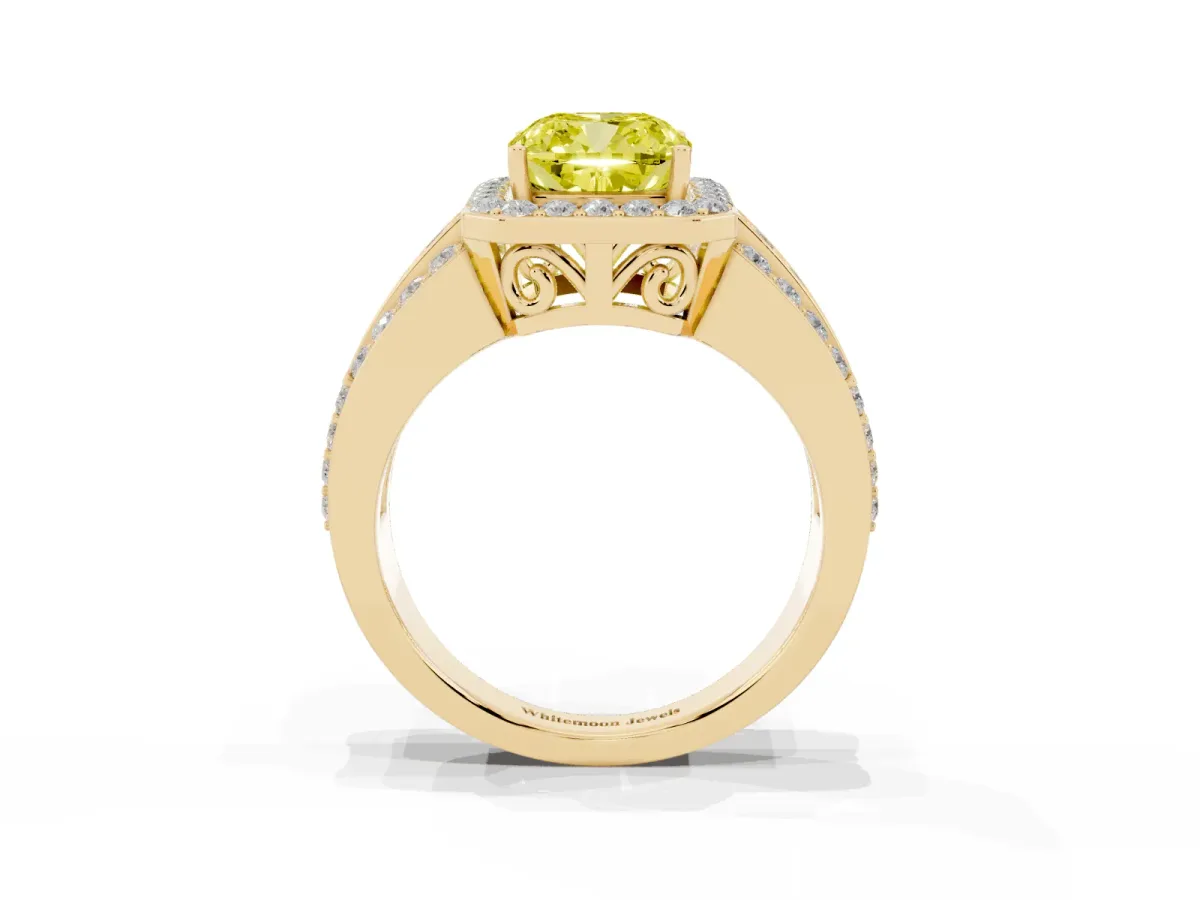 Fancy Yellow Cushion Cut Halo Diamond Ring with Round Split Shank and Prong Setting Yellow gold