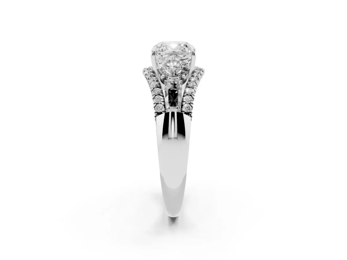 Three-Stone Cushion Cut Diamond Engagement Ring with Pave Band and Prong Setting Silver