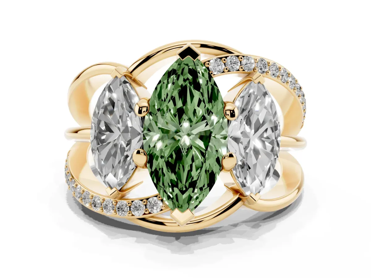 Fancy Green Three-Stone Marquise Cut Cut Diamond Split Shank Prong Set Ring Yellow gold
