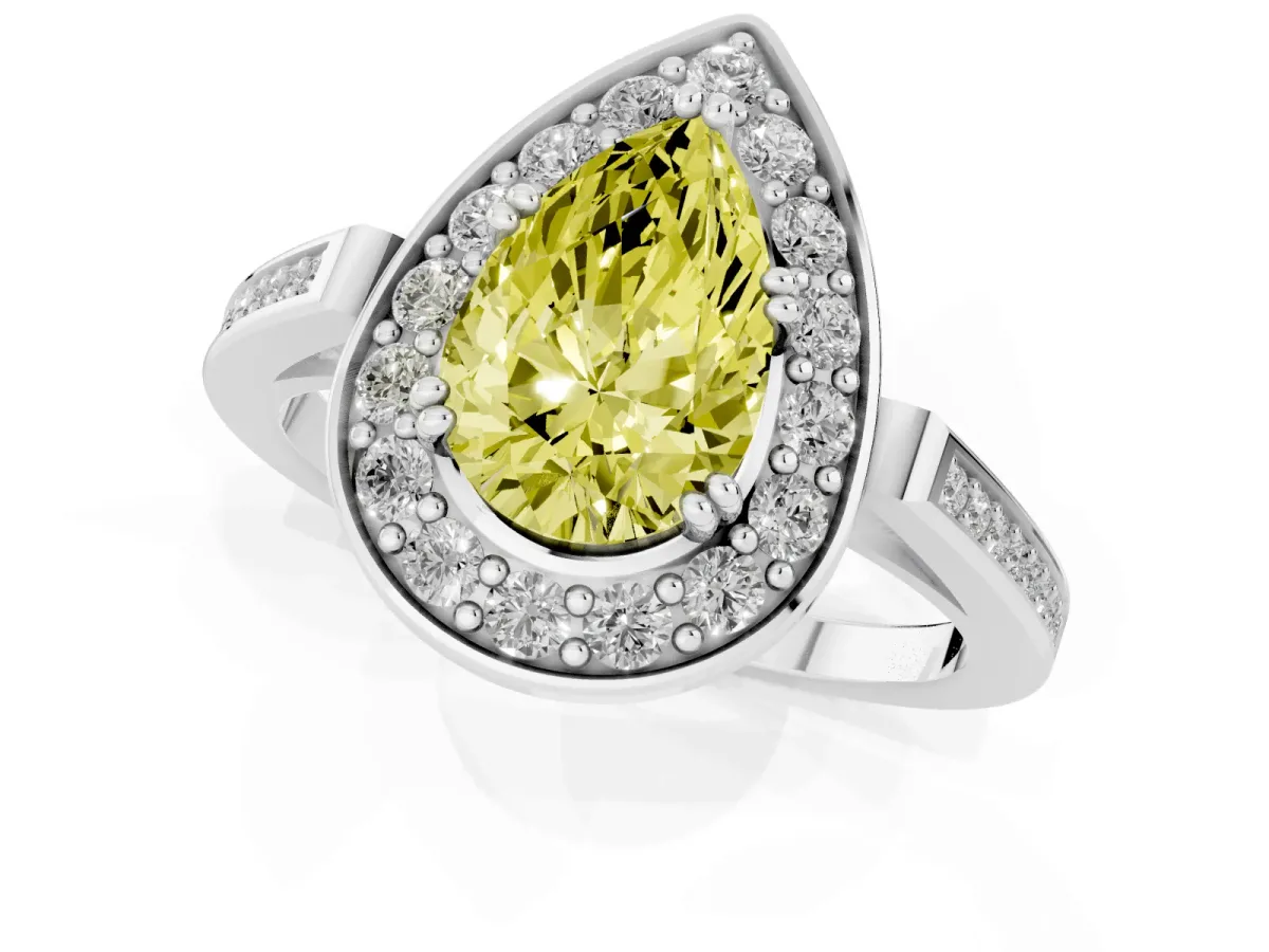 Fancy Yellow Pear Cut Diamond Halo Ring with Split Shank and Four-Prong Setting Silver