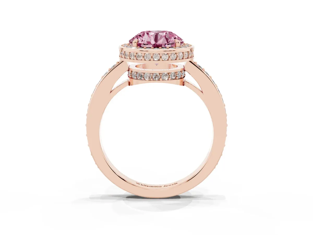 Fancy Pink Round Cut Halo Pave Band Solitaire Ring with Prong Setting Rose gold