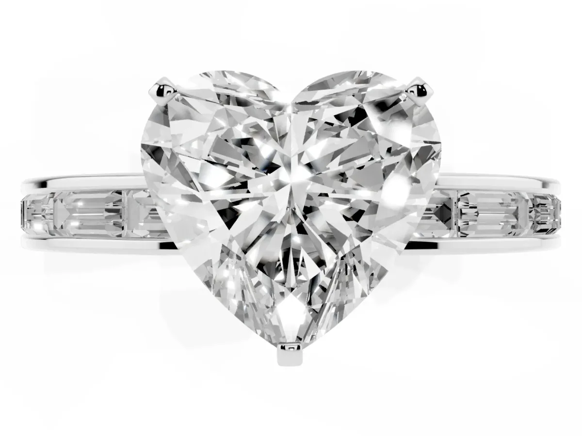 Heart Cut Solitaire Diamond Ring with Channel-Set Baguette Band and Four-Prong Setting Platinum