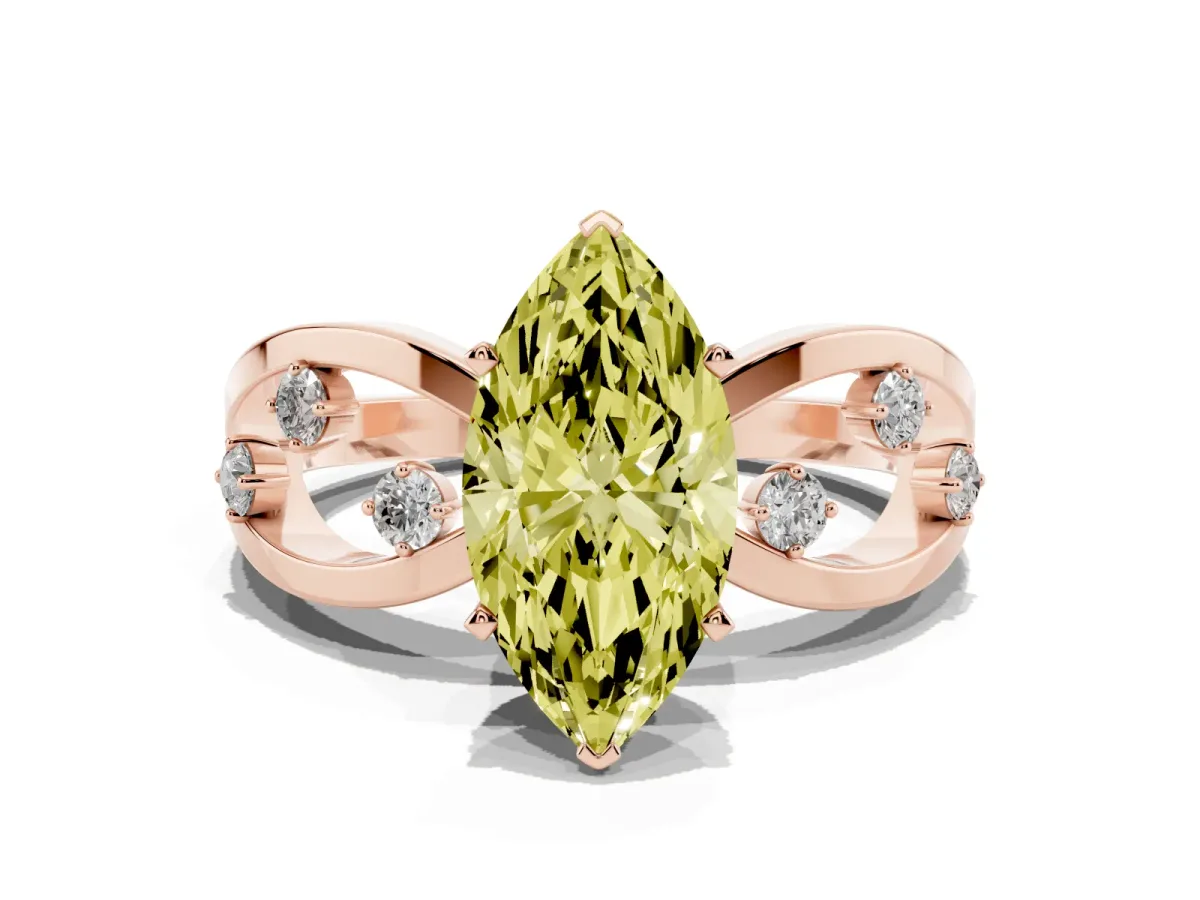 Fancy Yellow Marquise Cut Cut Solitaire Diamond with Side Stones on Criss-Cross Band and Four-Prong Setting Rose gold