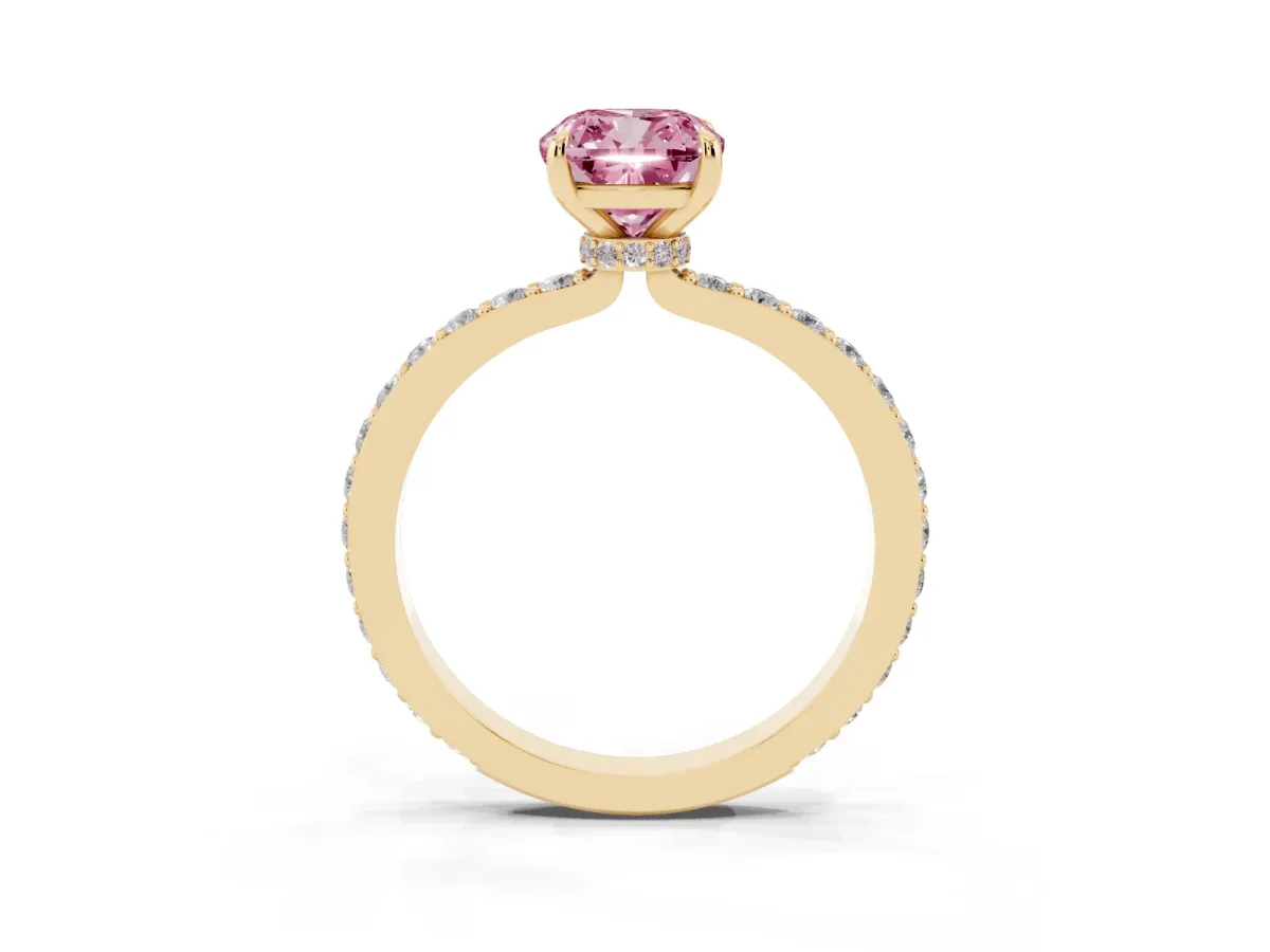 Fancy Pink Cushion Cut Diamond Solitaire Engagement Ring with Pavé Band and Four-Prong Setting Yellow gold