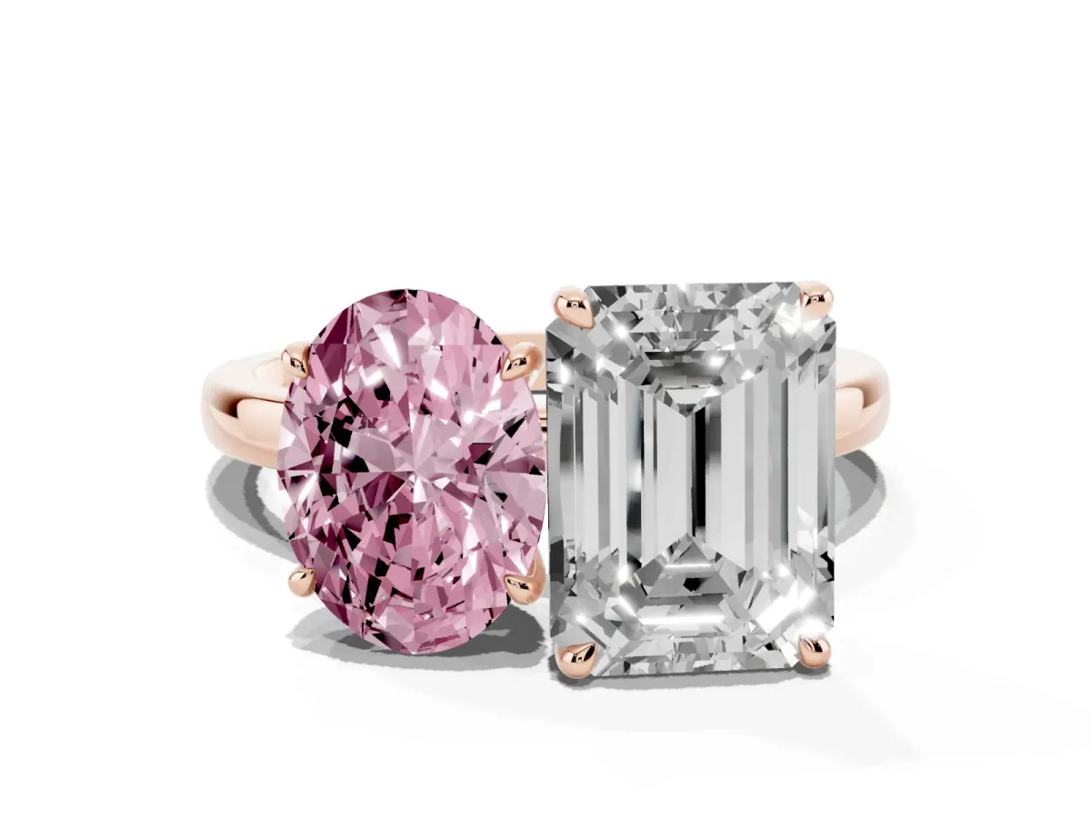 Fancy Pink Oval Cut and Emerald Cut Toi Moi Ring with Prong Setting Rose gold