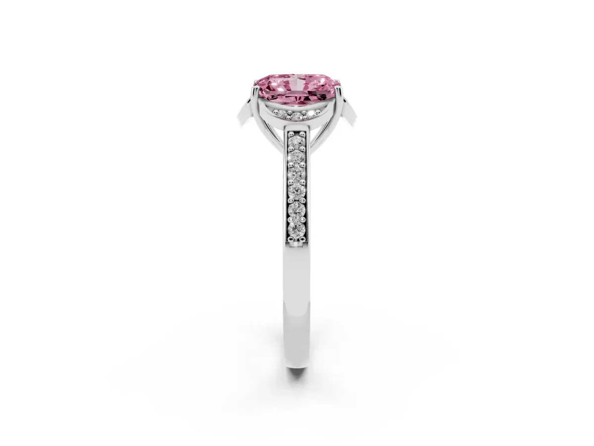 Fancy Pink Radiant Cut Cut Halo Diamond Ring with Channel Set Band and Four-Prong Setting Platinum