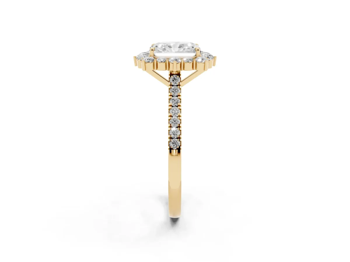 Radiant Cut Halo Diamond Ring with Pavé Band and Prong Setting Yellow gold