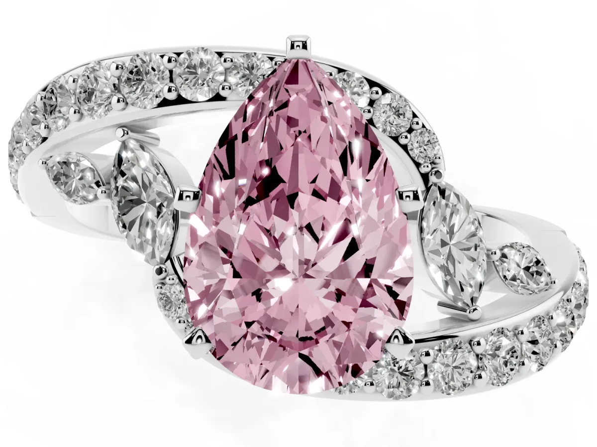 Fancy Pink Pear Cut Solitaire with Pavé Twist Band and Four-Prong Setting Silver