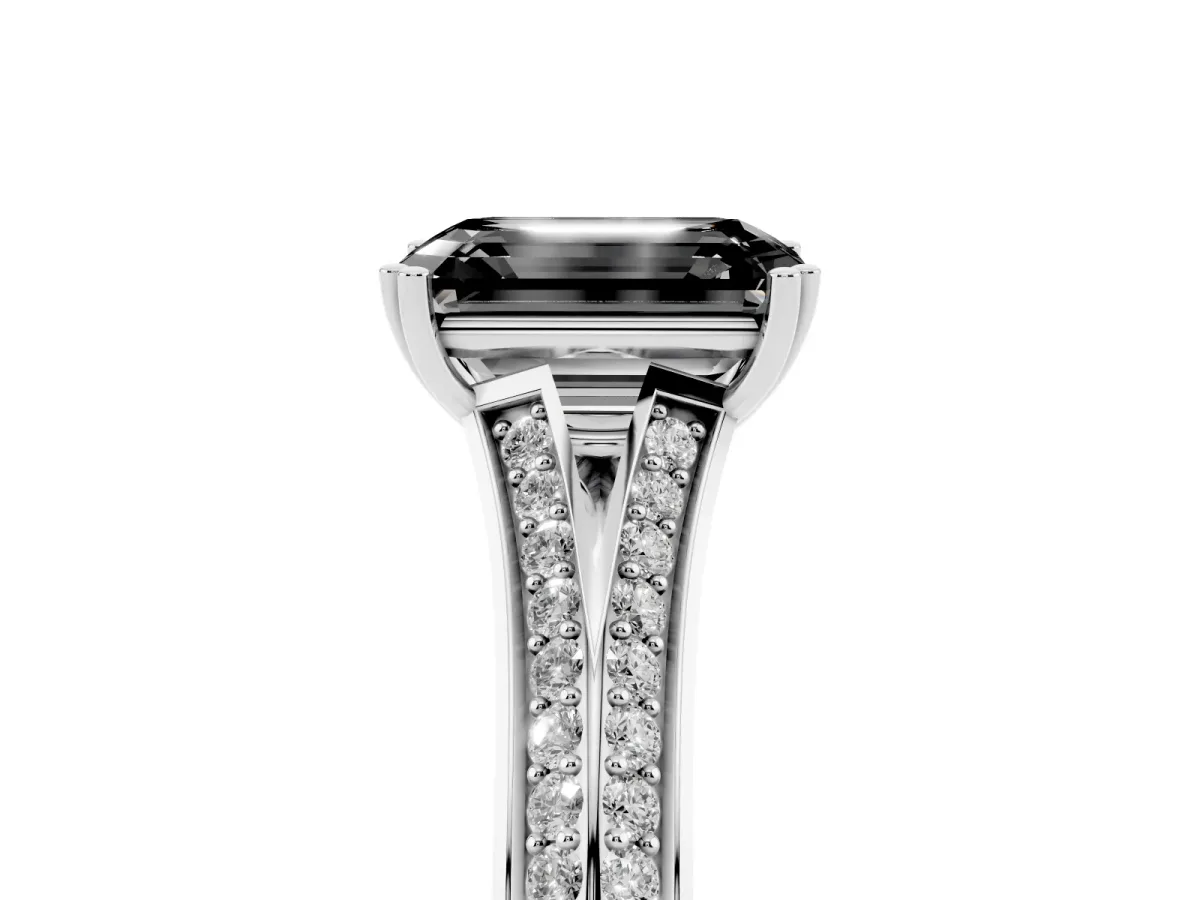 Fancy Black Emerald Cut Diamond Split Shank Engagement Ring with Pavé Band Silver