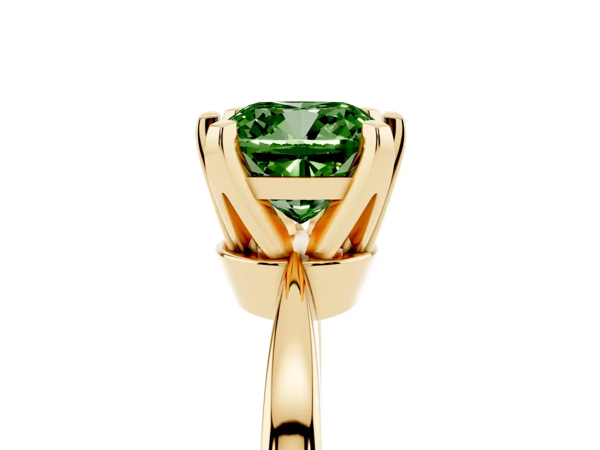 Fancy Green Cushion Cut Solitaire Engagement Ring with Six-Prong Setting and Tapered Band Yellow gold