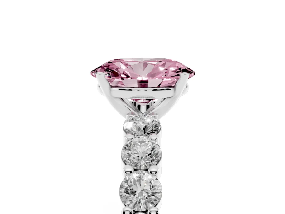 Fancy Pink Oval Cut Diamond Solitaire Ring with Shared Prong Round Side Stones Silver