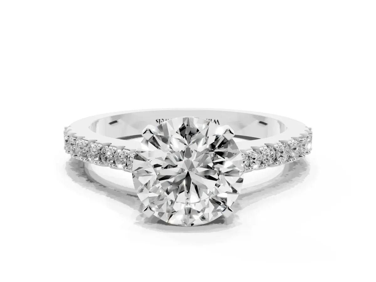 Round Cut Cut Solitaire Diamond Engagement Ring with Pave Band and Four-Prong Setting White gold