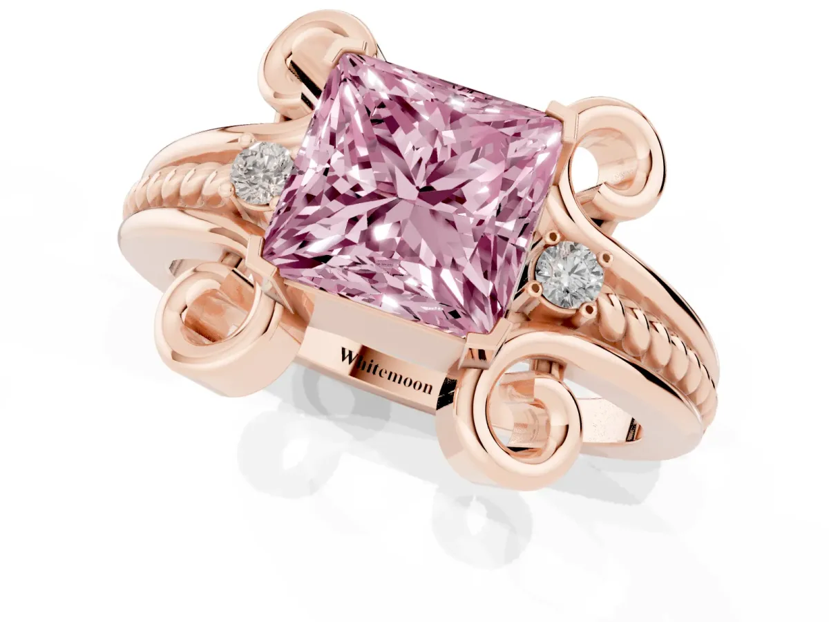 Fancy Pink Princess Cut Solitaire Twisted Band Scroll Prong Ring Rose gold