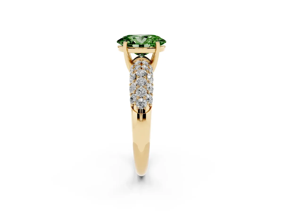 Fancy Green Oval Cut Diamond Pavé Band Solitaire Ring with Four-Prong Setting Yellow gold