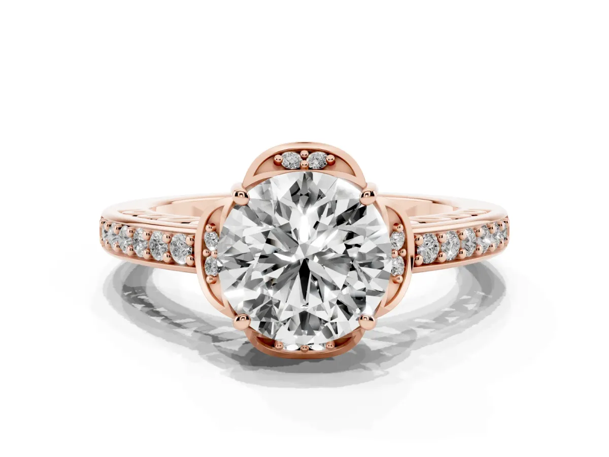 Round Cut Cut Halo Diamond Ring with Channel Set Band and Four-Prong Setting Rose gold