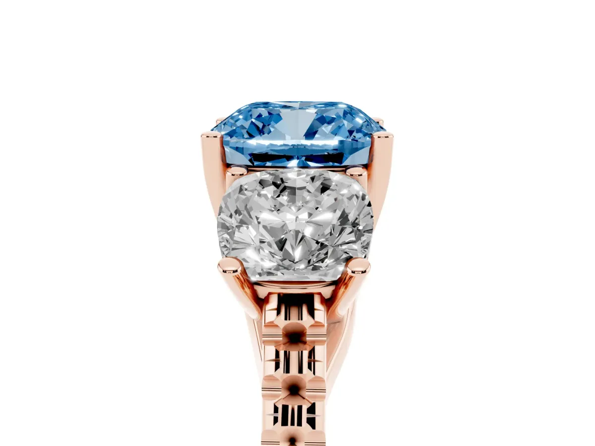 Fancy Blue Three-Stone Cushion Cut Diamond Ring with Round Pavé Band and Prong Setting Rose gold