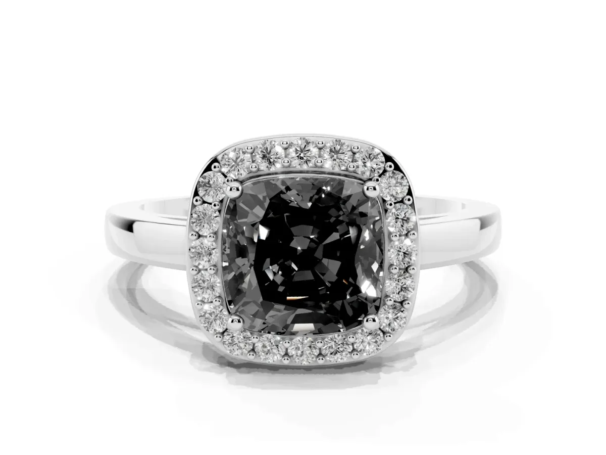 Fancy Black Cushion Cut Halo Diamond Ring with Solitaire Band and Prong Setting Platinum