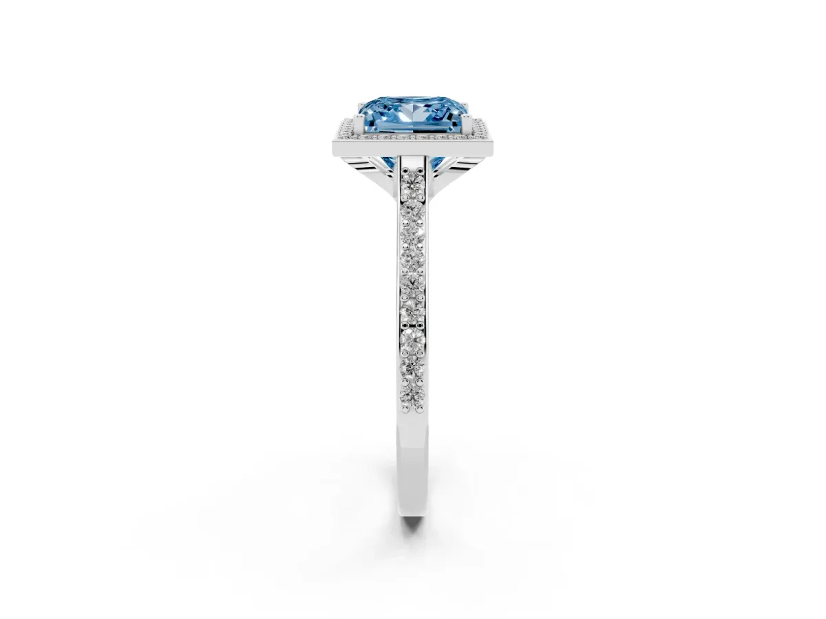 Fancy Blue Princess Cut Diamond Halo Engagement Ring with Round Pavé Shoulders and Prong Setting Silver