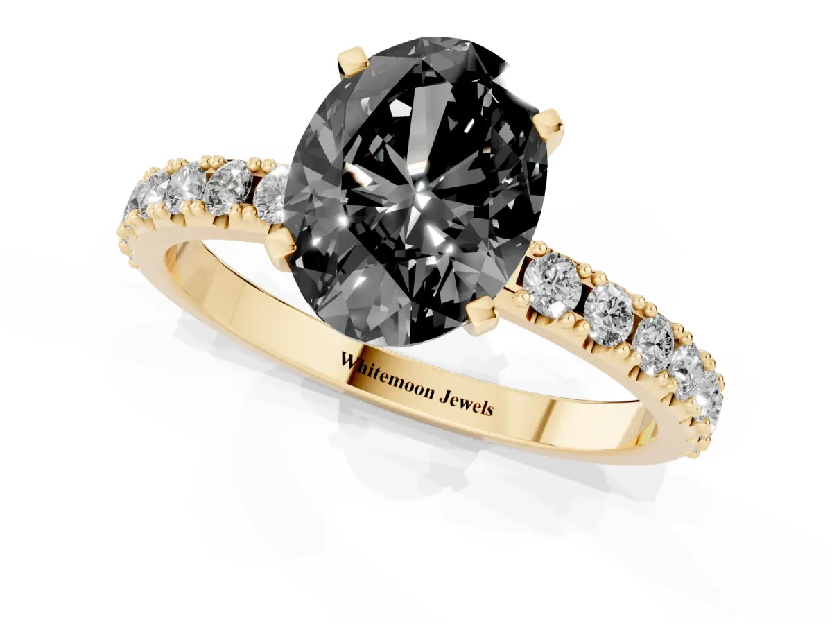 Fancy Black Oval Cut Diamond Solitaire Pavé Band with Four-Prong Setting Yellow gold