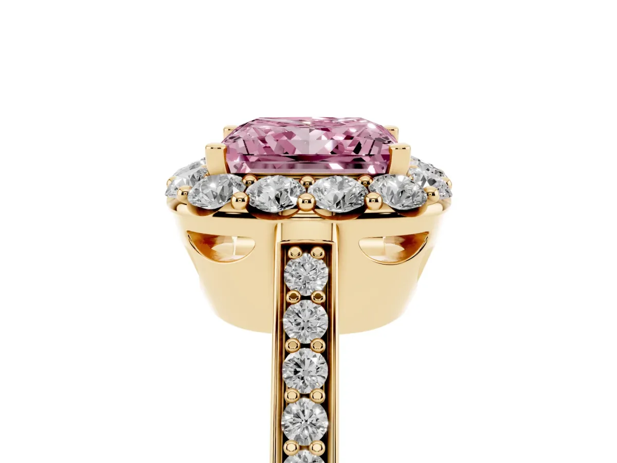 Fancy Pink Princess Cut Diamond Floral Halo Ring with Pavé Band and Prong Setting Yellow gold