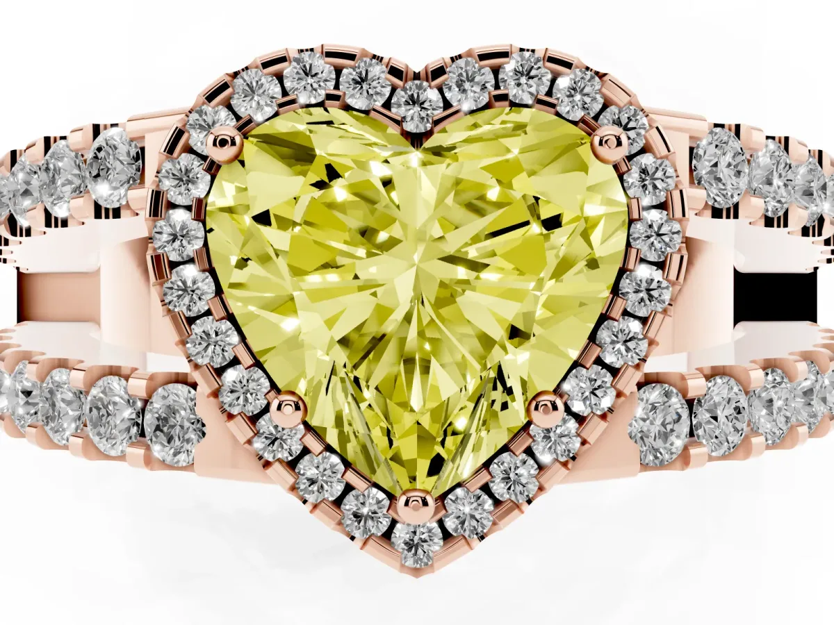 Fancy Yellow Heart Cut Cut Halo Split Shank Diamond Ring with Four-Prong Setting Rose gold