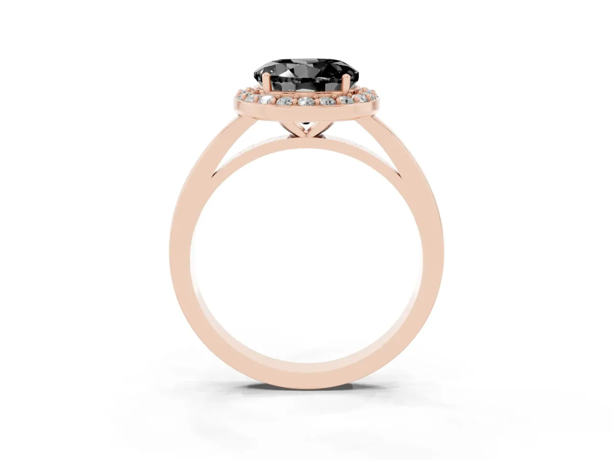 Fancy Black Round Cut Halo Diamond Ring with Solitaire Band and Prong Setting Rose gold